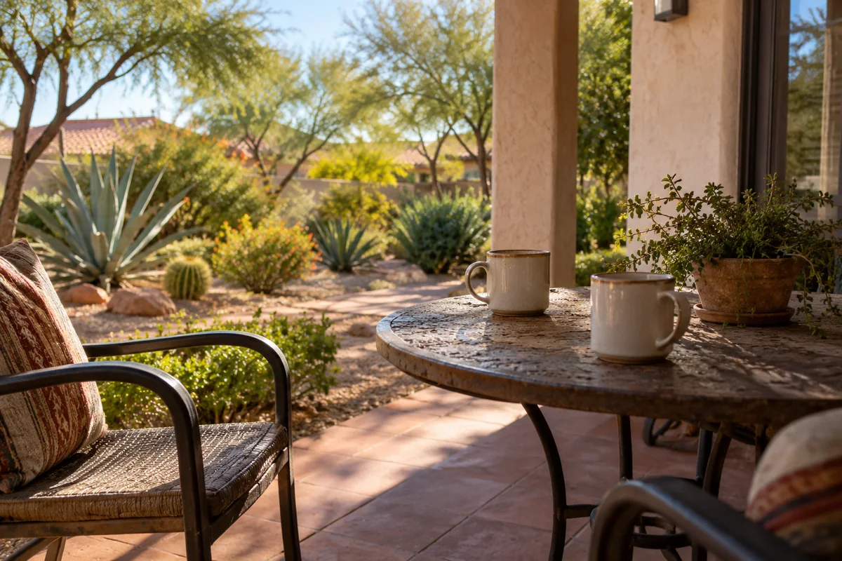 AI-generated concept of morning coffee on a fictional Southwestern patio