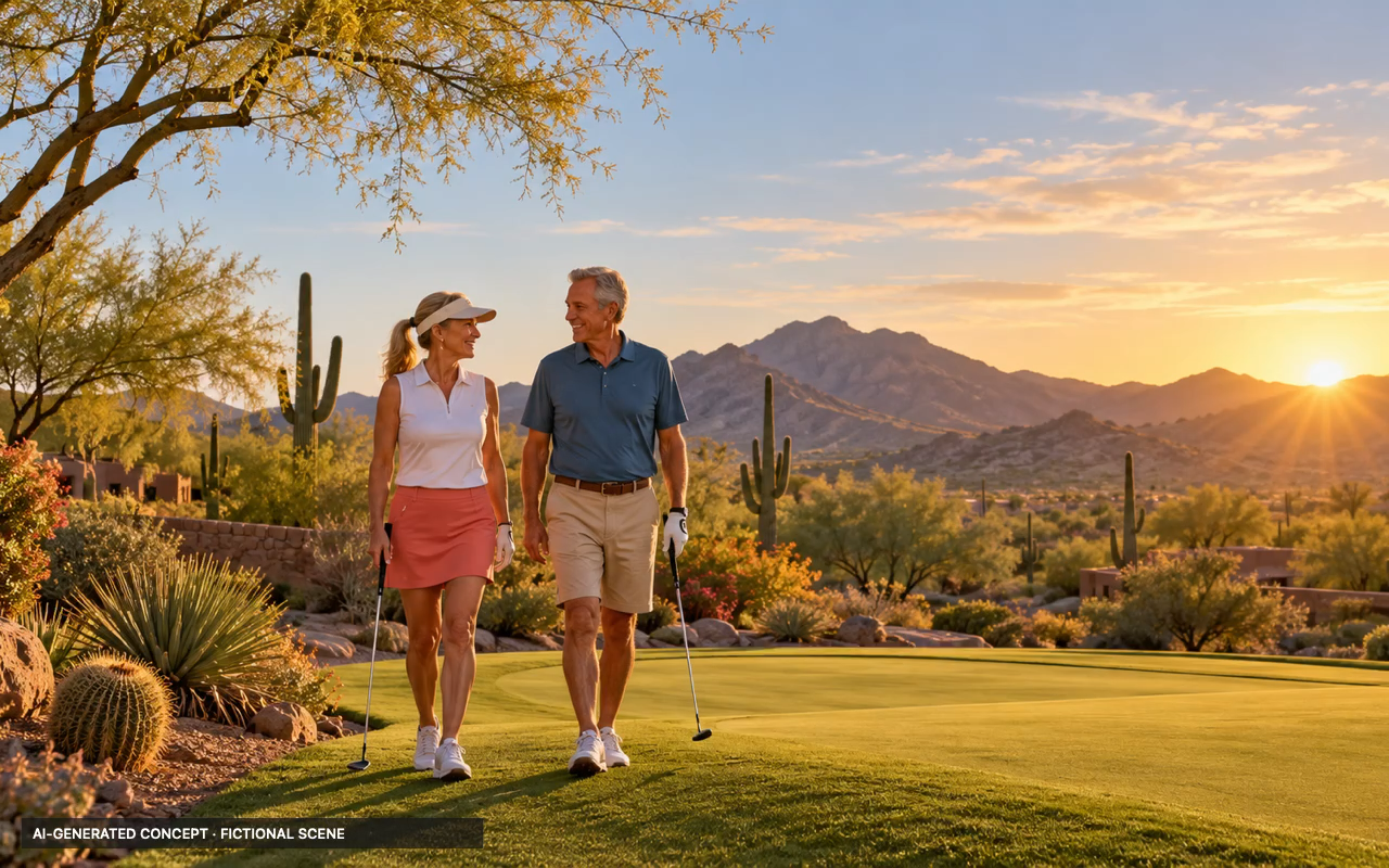 AI-generated concept: fictional desert golf landscape at sunrise with two golfers; not an actual listing or verified community amenity