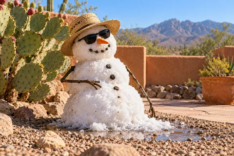 AI-generated concept: a cheerful snowman in sunglasses and a straw hat melting in a sunny desert courtyard; fictional scene, not an actual Green Valley location or weather event