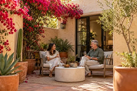 AI-generated concept: Fictional people sitting together in a shaded Southwestern courtyard. Not an actual local property; people are not Tom or clients.