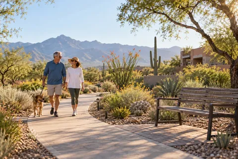 AI-generated concept: Fictional people walking a dog along a Southwestern garden path. Not an actual local property; people are not Tom or clients.