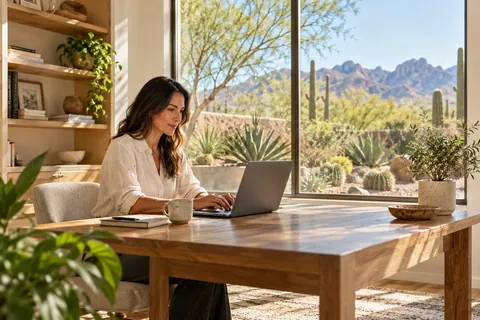 AI-generated concept: Fictional person reviewing notes at a bright home desk. Not an actual local property; people are not Tom or clients.