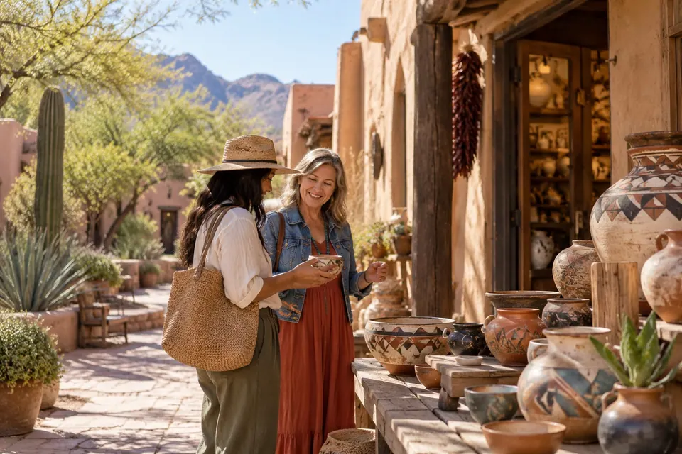 AI-generated concept: People browsing pottery and artwork in a fictional Southwestern village setting. Fictional scene, not a verified location or property; people are not Tom or clients.