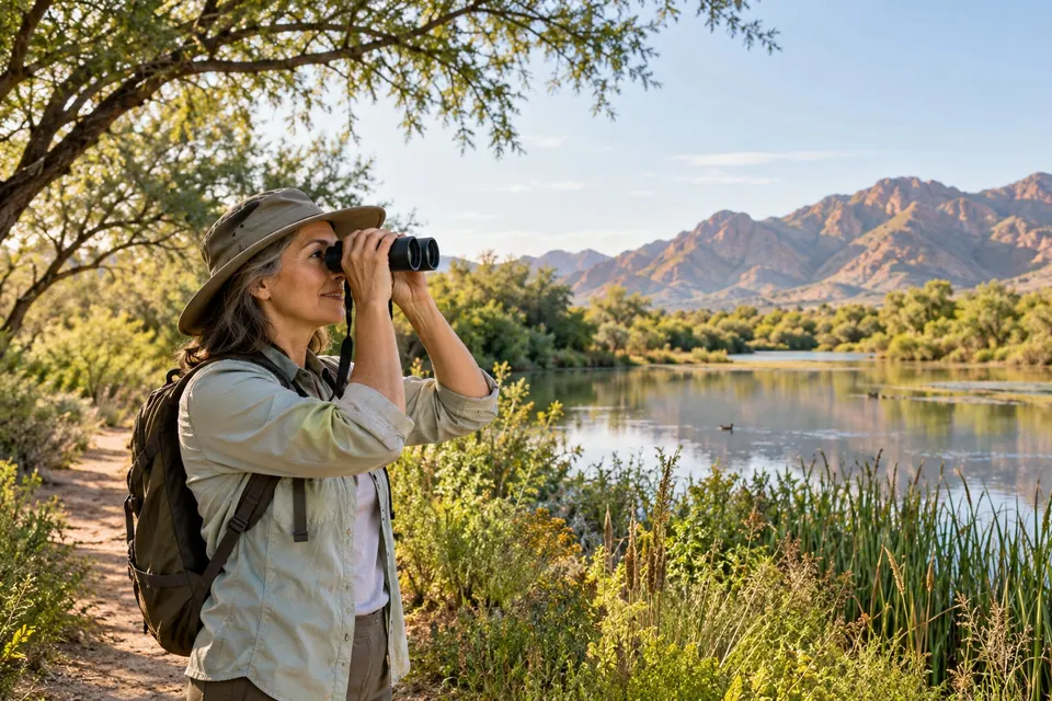 AI-generated concept: Anonymous birdwatcher using binoculars beside a wooded lake. Fictional scene, not a verified location or property; people are not Tom or clients.