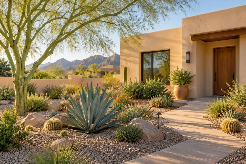 AI-generated concept: Low-maintenance desert garden with agaves and gravel beside warm stucco. Fictional scene, not a verified location or property; people are not Tom or clients.