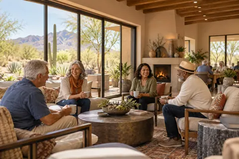 AI-generated concept: Fictional people sharing coffee in a Southwestern room. Fictional scene, not a verified location or property; people are not Tom or clients.