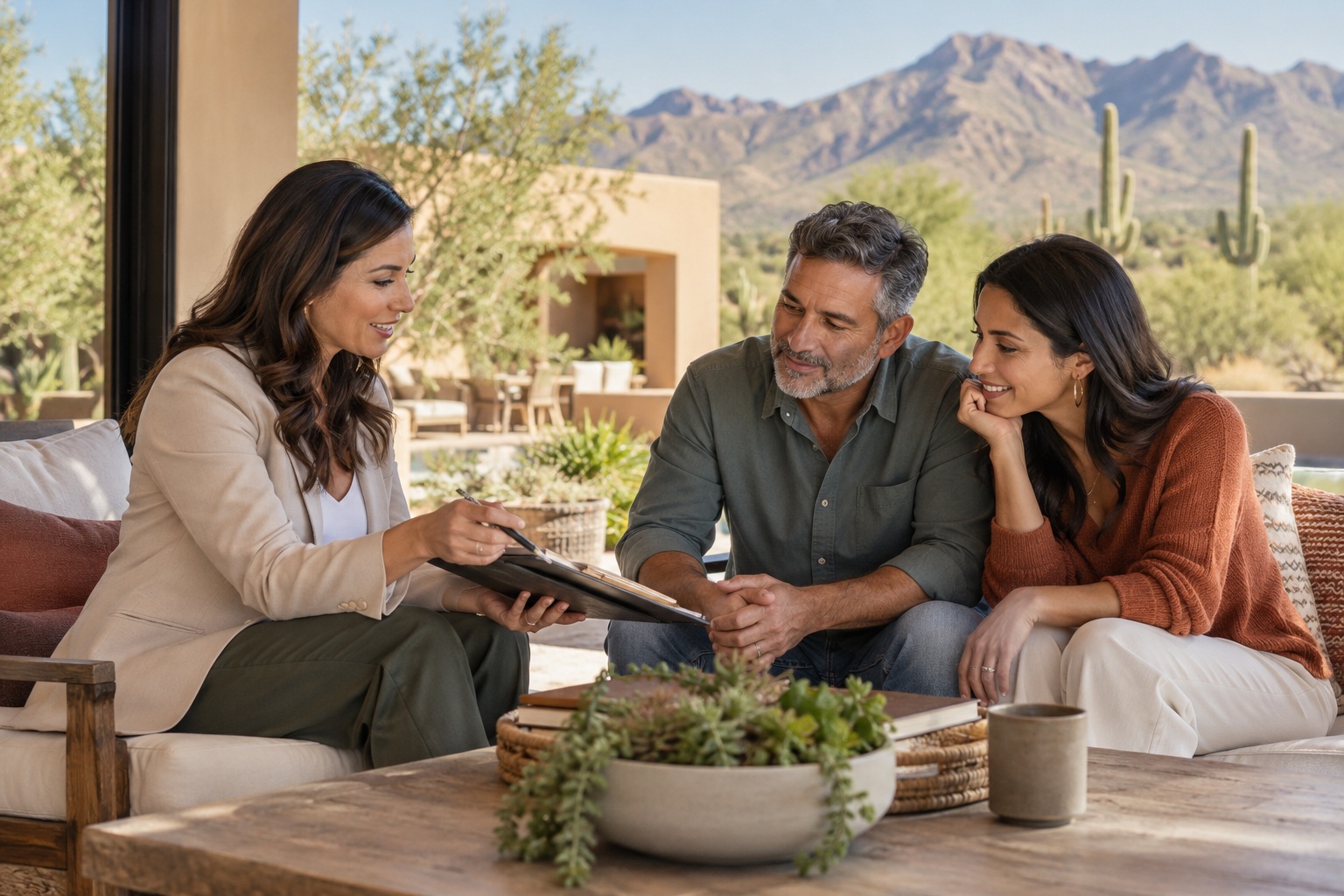 AI illustration of a real estate professional reviewing a clipboard with two homeowners.