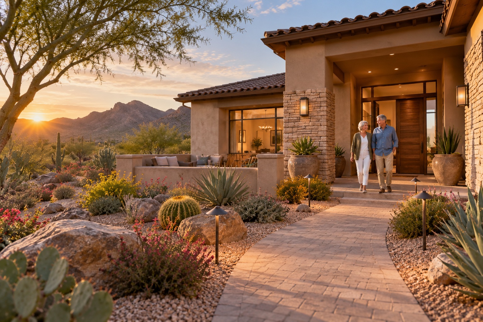 AI illustration of a detached stucco home with a landscaped approach at sunset.